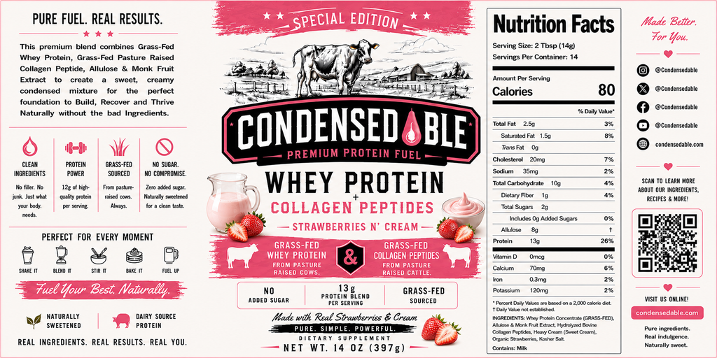 CONDENSEDABLE™ Special Edition Strawberries N’ Cream Whey Protein + Collagen Peptides 14oz. (In Glass Jar)