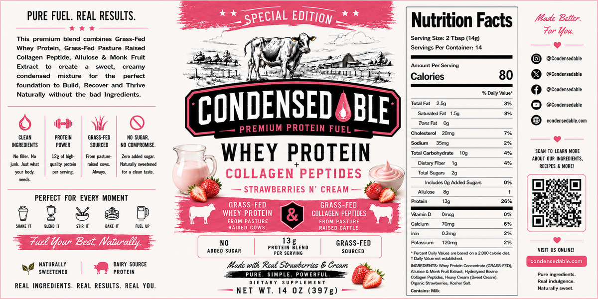 CONDENSEDABLE™ Special Edition Strawberries N’ Cream Whey Protein + Collagen Peptides 14oz. (In Glass Jar)