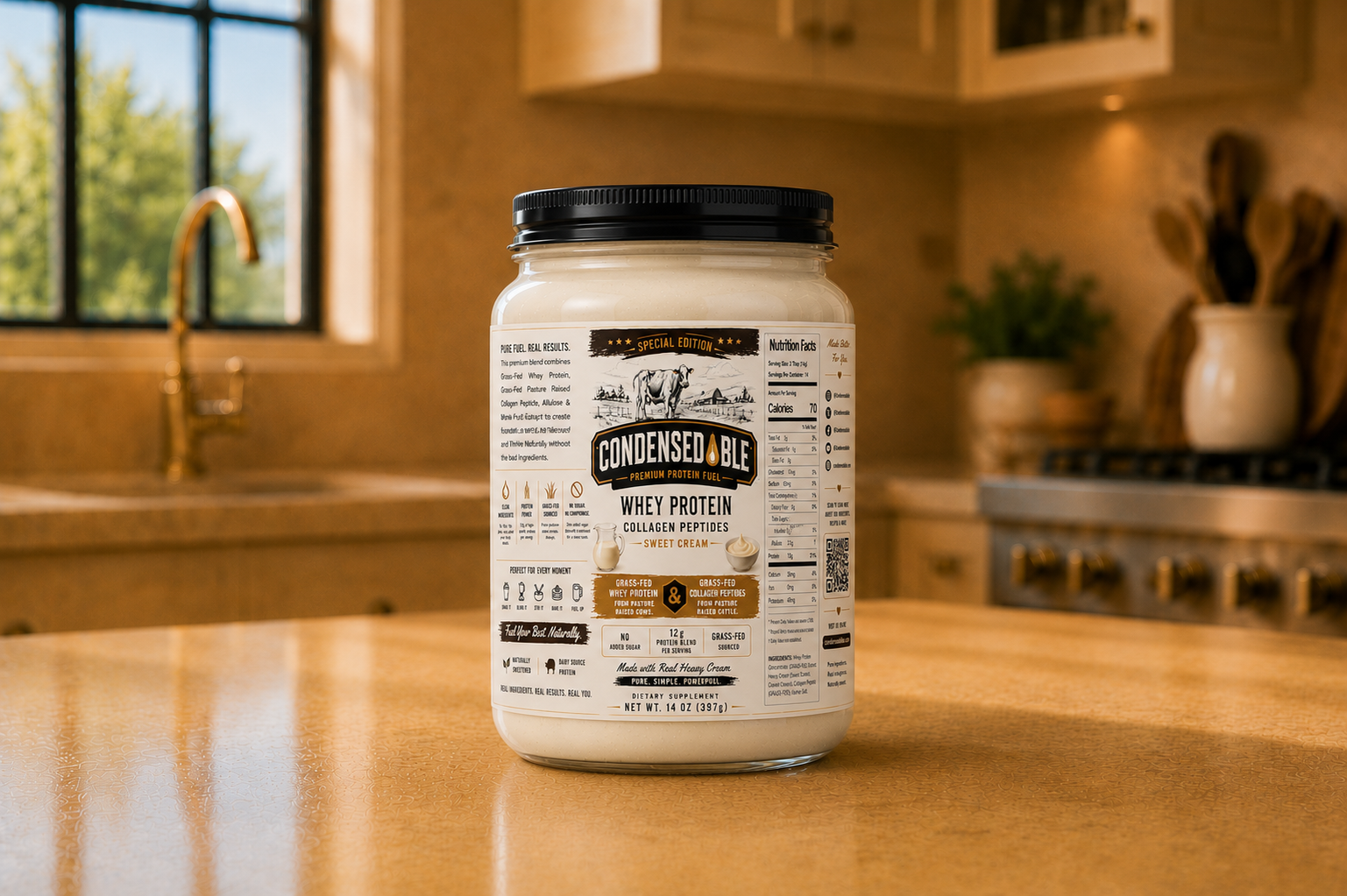 CONDENSEDABLE™ Premium Protein Fuel Sweet Cream Whey Protein + Collagen Peptides – Special Edition (In Glass Jar)
