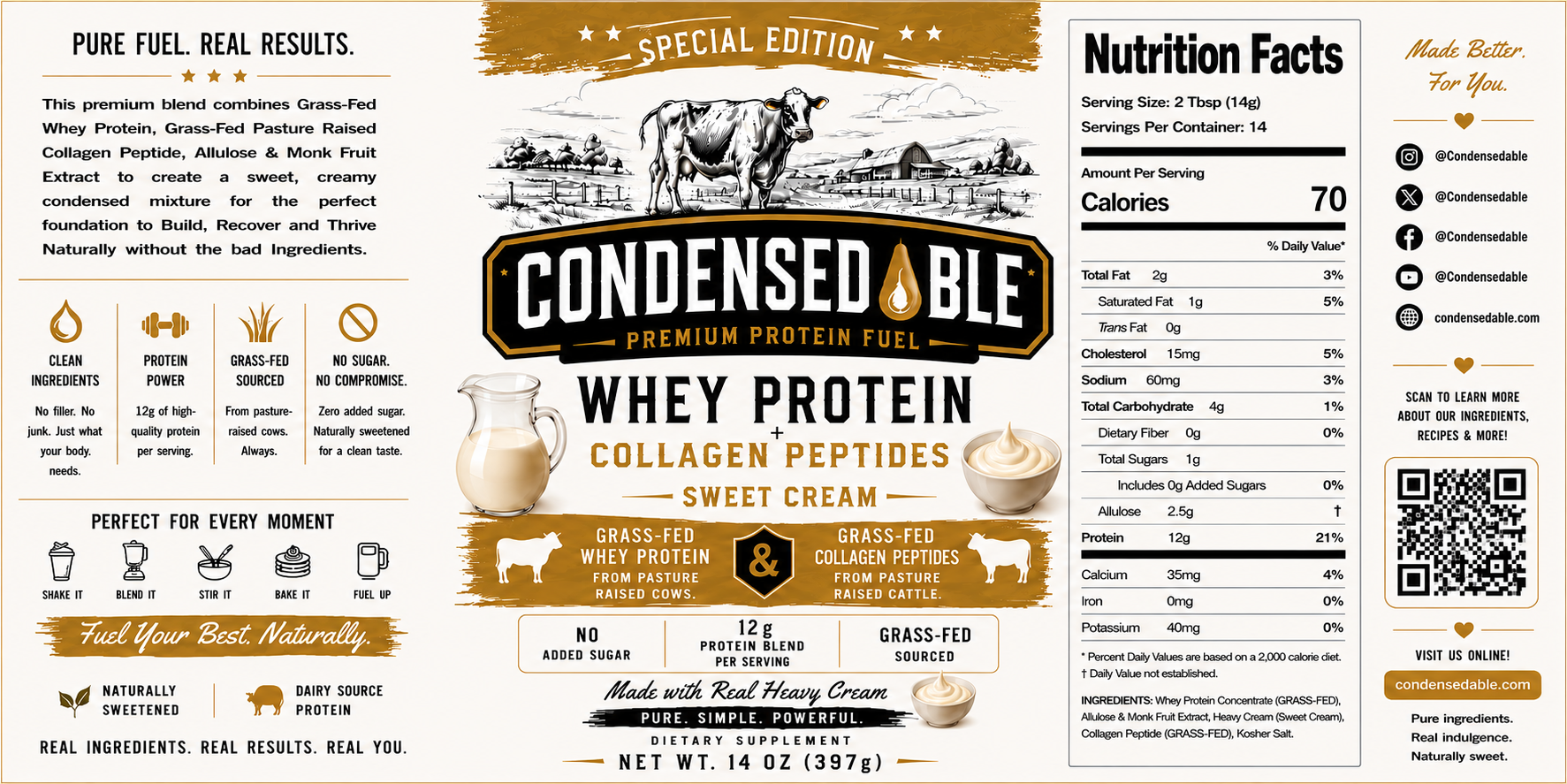 CONDENSEDABLE™ Premium Protein Fuel Sweet Cream Whey Protein + Collagen Peptides – Special Edition (In Glass Jar)