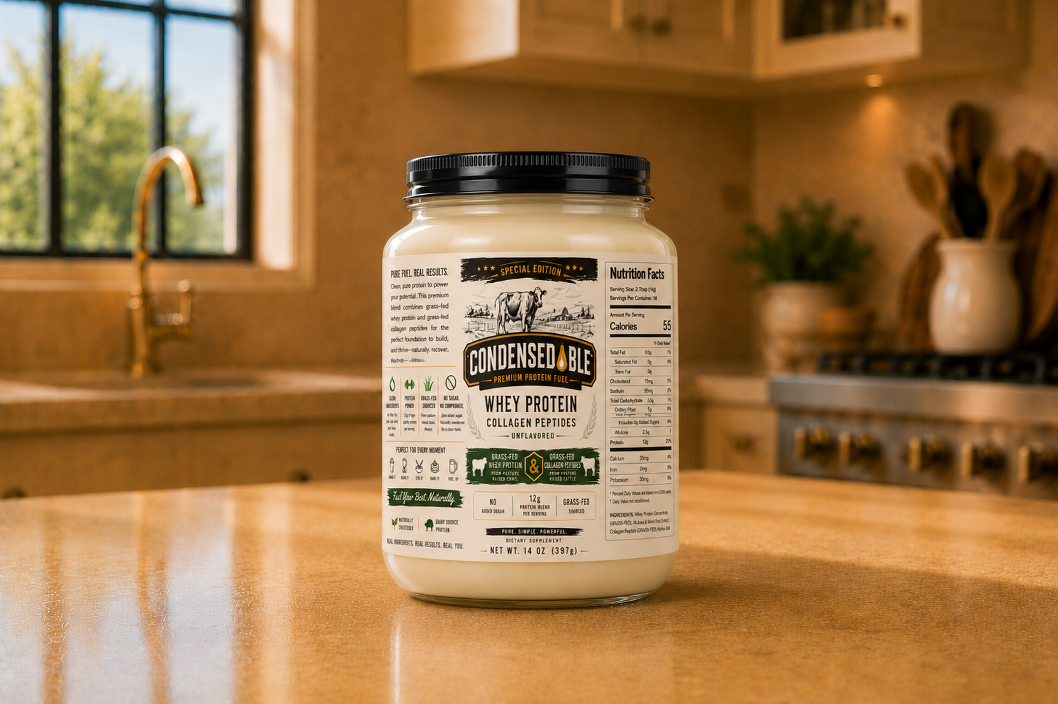 CONDENSEDABLE™ Premium Protein Fuel Unflavored Whey Protein + Collagen Peptides – Special Edition Special Edition (In Glass Jar)