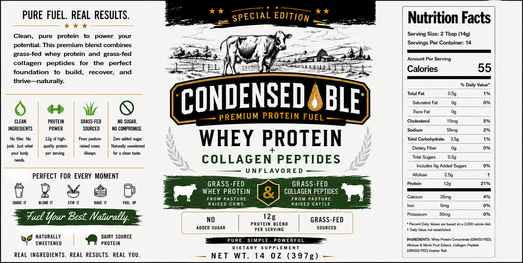CONDENSEDABLE™ Premium Protein Fuel Unflavored Whey Protein + Collagen Peptides – Special Edition Special Edition (In Glass Jar)