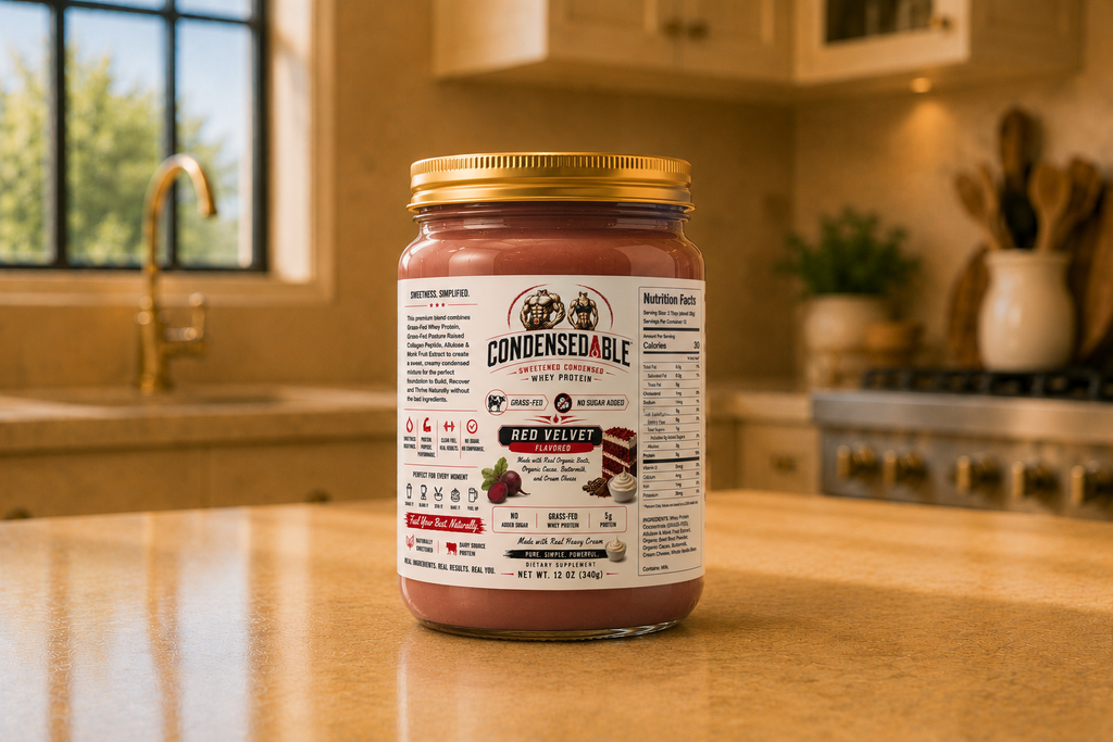 Condensedable™ Sweetened Condensed Whey Protein – Red Velvet Flavor (In Glass Jar)