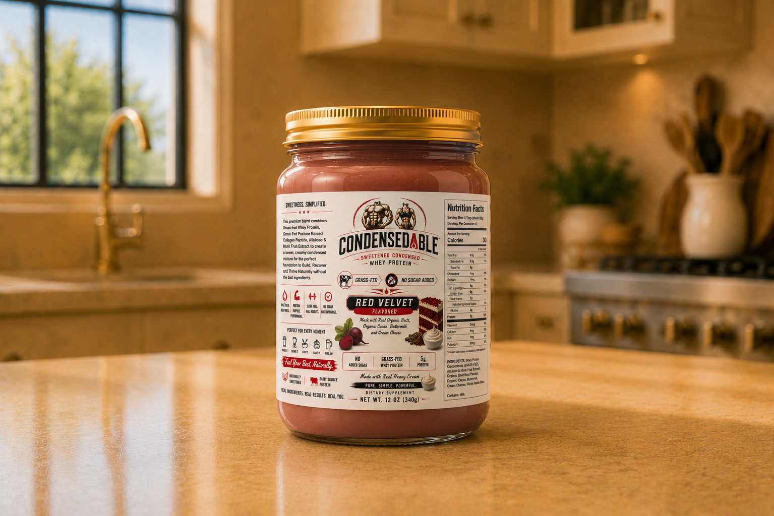 Condensedable™ Sweetened Condensed Whey Protein – Red Velvet Flavor (In Glass Jar)