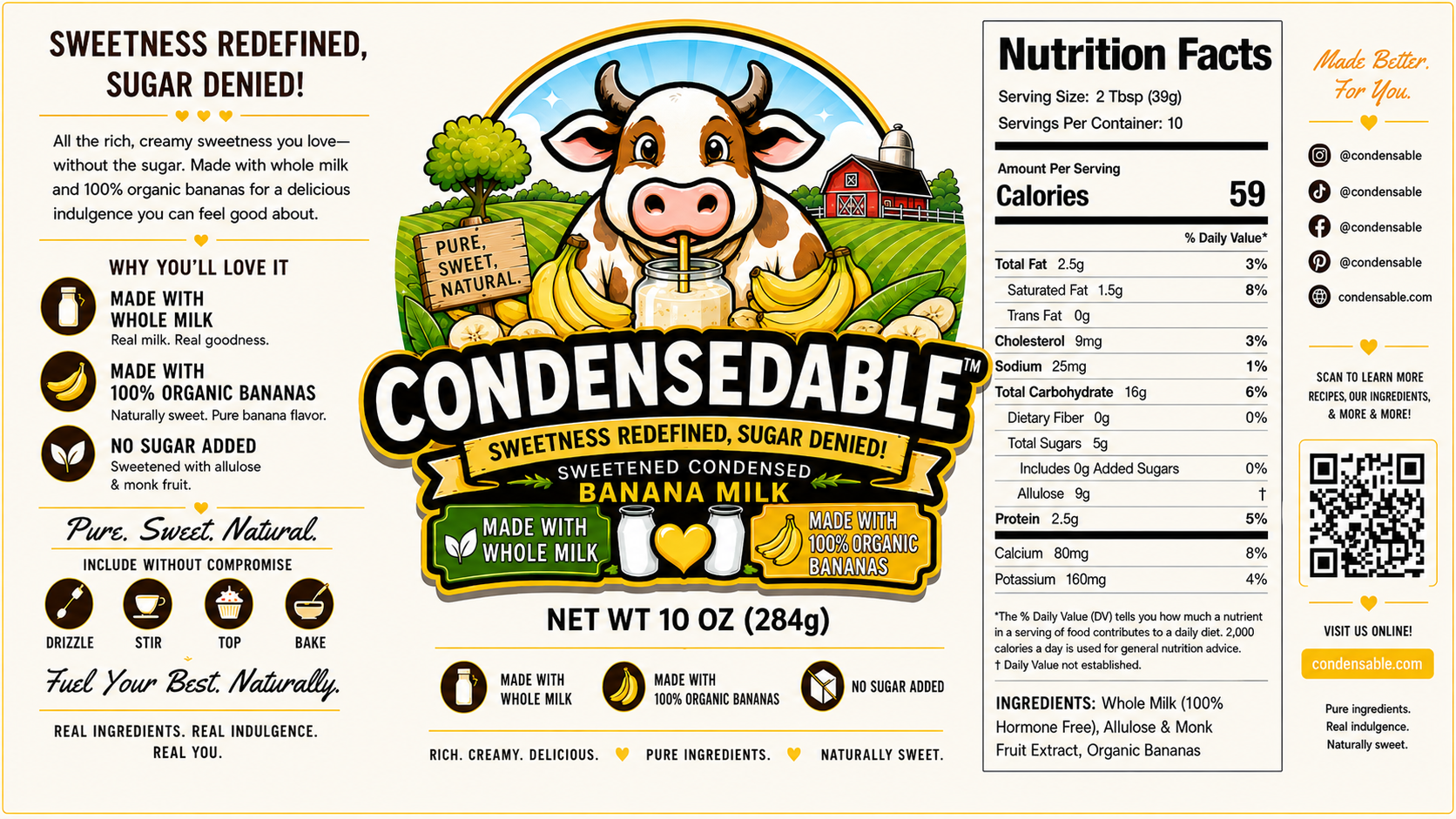 Label of Condensedable Sweetened Condensed Banana Milk with cow illustration and nutritional information.