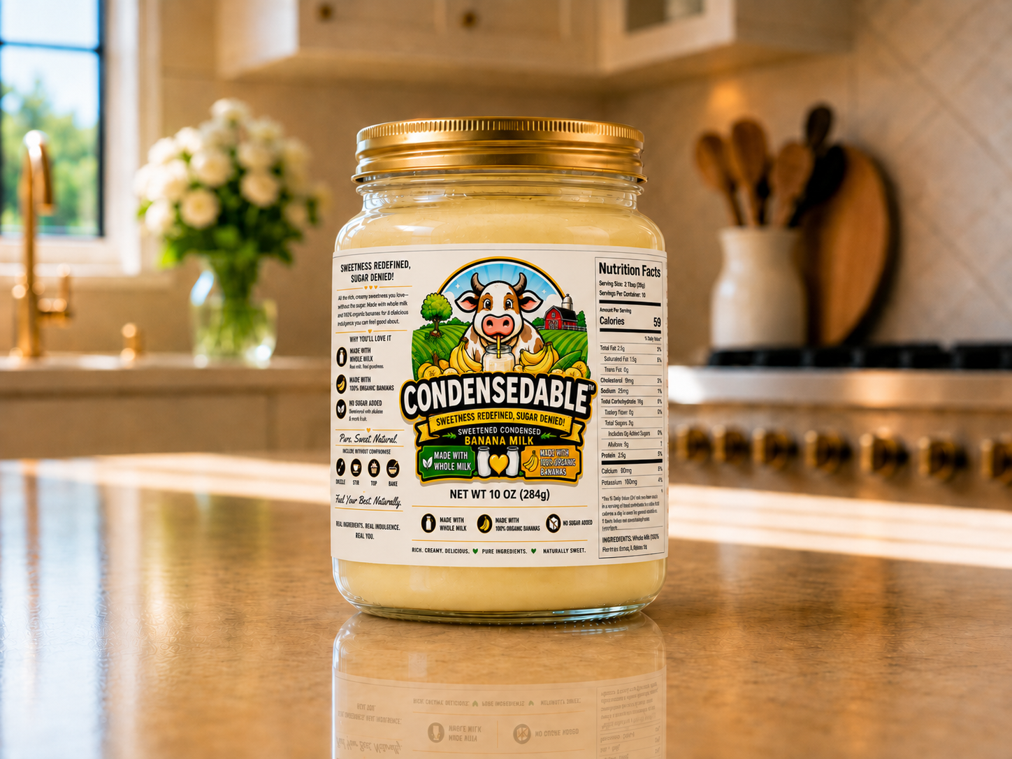 Jar of 'Condensedable' product on a kitchen counter with a cow illustration on the label.
