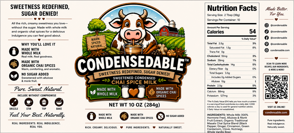 Label of Condensedable sweetened condensed milk with cow illustration and nutritional information.