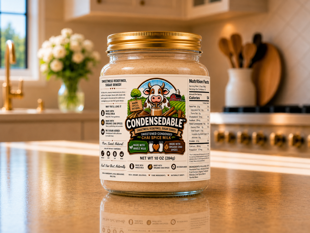Jar of Condensableable Chai Spice Milk on a kitchen counter