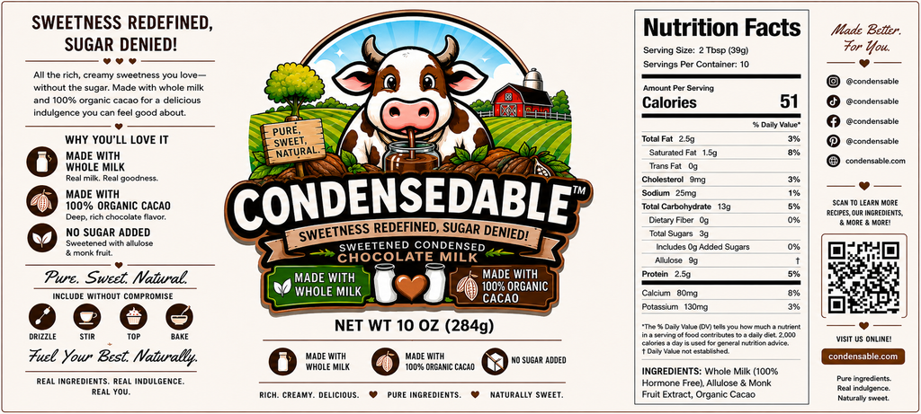 Label for Condensedable, a sweetened condensed milk product with cow illustration and nutritional information.