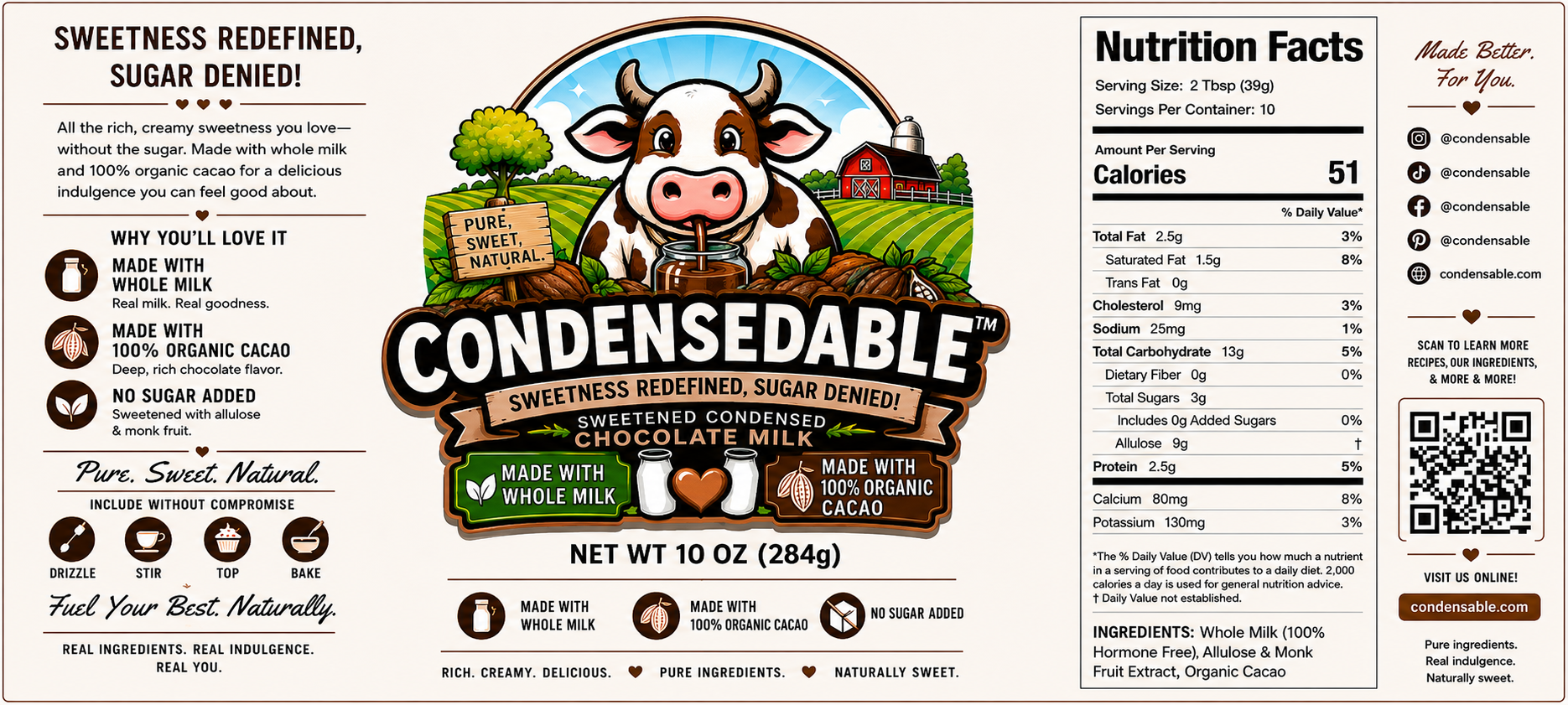 Label for Condensedable, a sweetened condensed milk product with cow illustration and nutritional information.