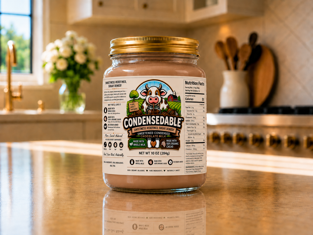 Jar of Condensable Butter on a kitchen counter with a cow logo on the label.