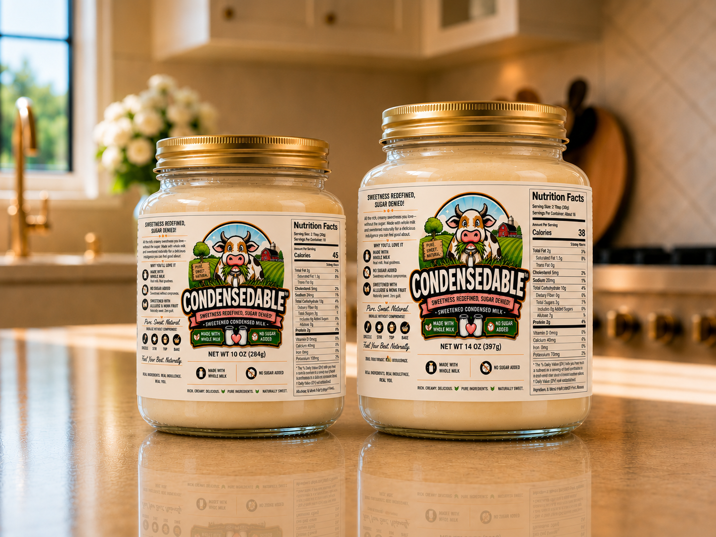 Two jars of Condensable butter on a kitchen counter with a blurred background.