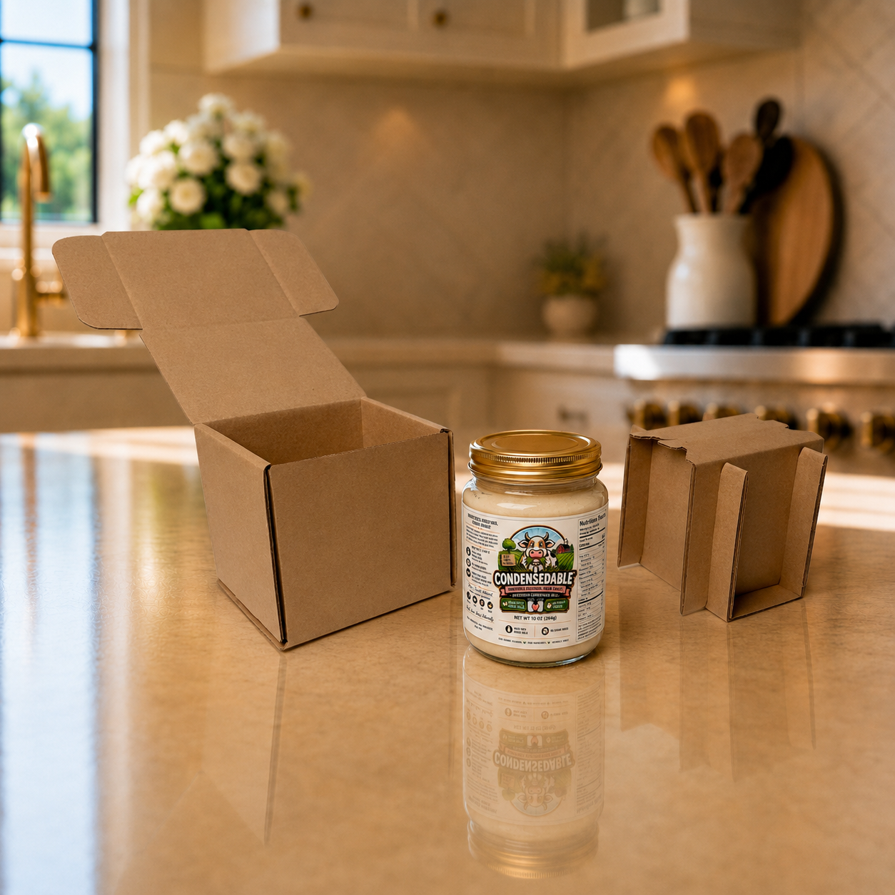 Jar of Conveniable on a kitchen counter with an open cardboard box