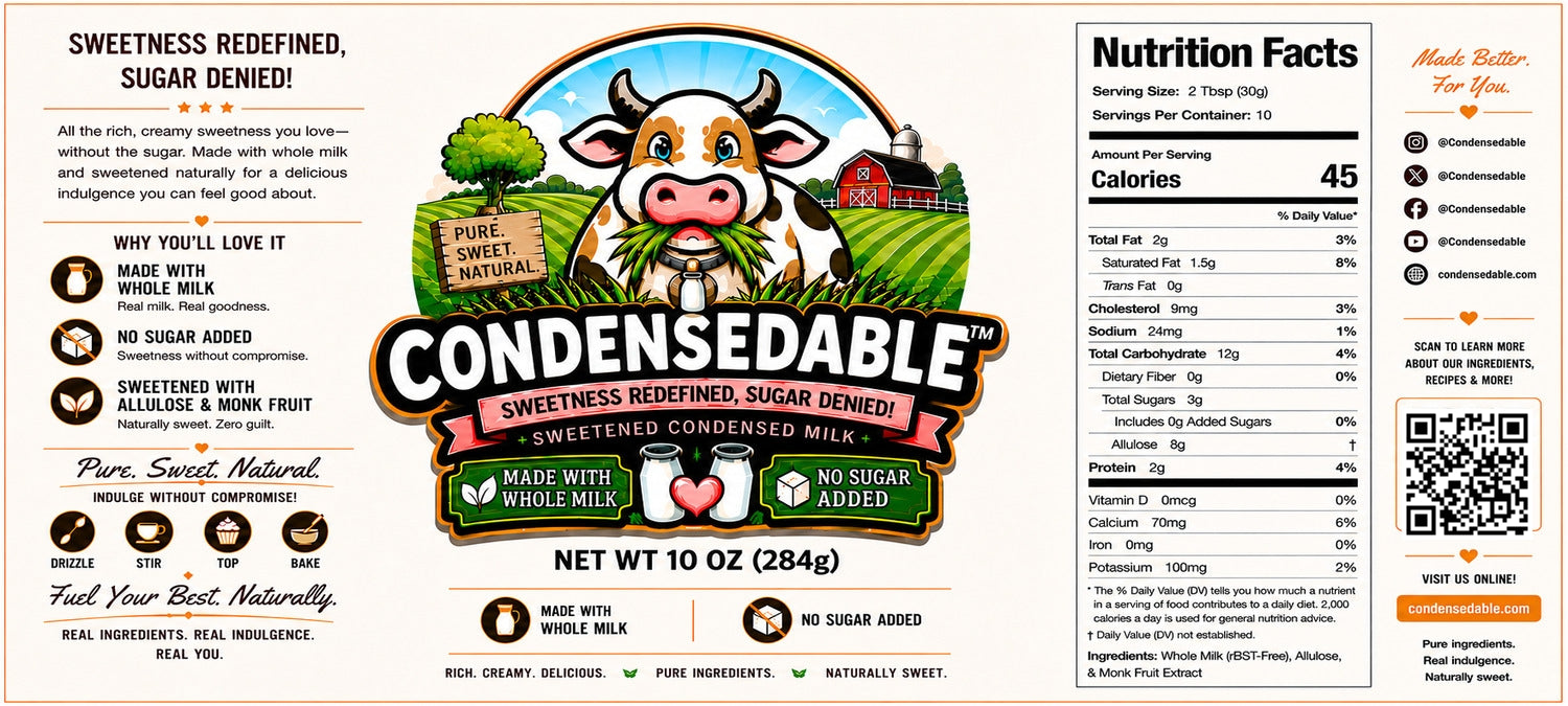 Label of Condensedable condensed milk with a cow illustration and nutritional information.