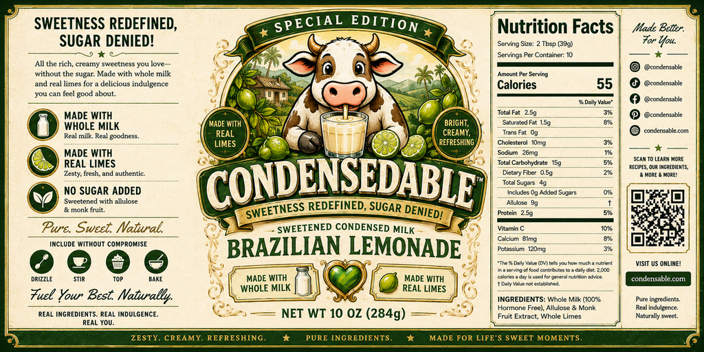 Condensedable Brazilian Lemonade label with cow illustration, nutritional information, and ingredients.