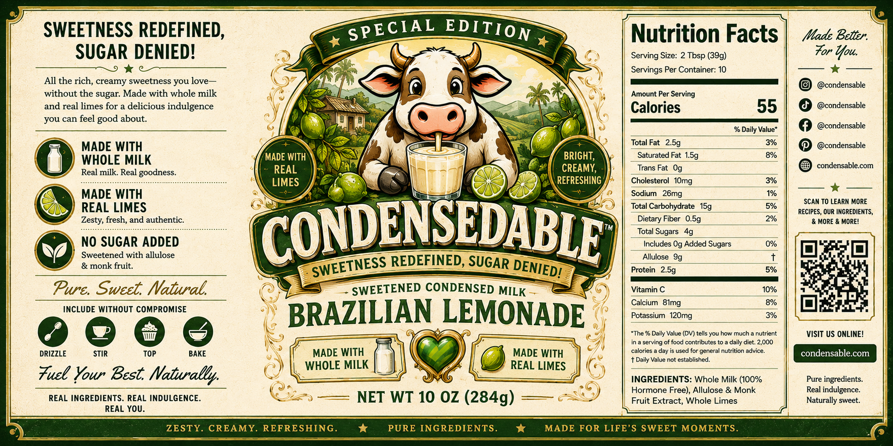 Condensedable Brazilian Lemonade label with cow illustration, nutritional information, and ingredients.