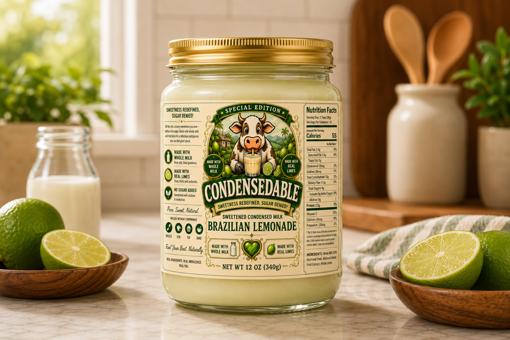 Jar of Condensedable Brazilian Lemonade on a kitchen counter with limes and a window in the background.
