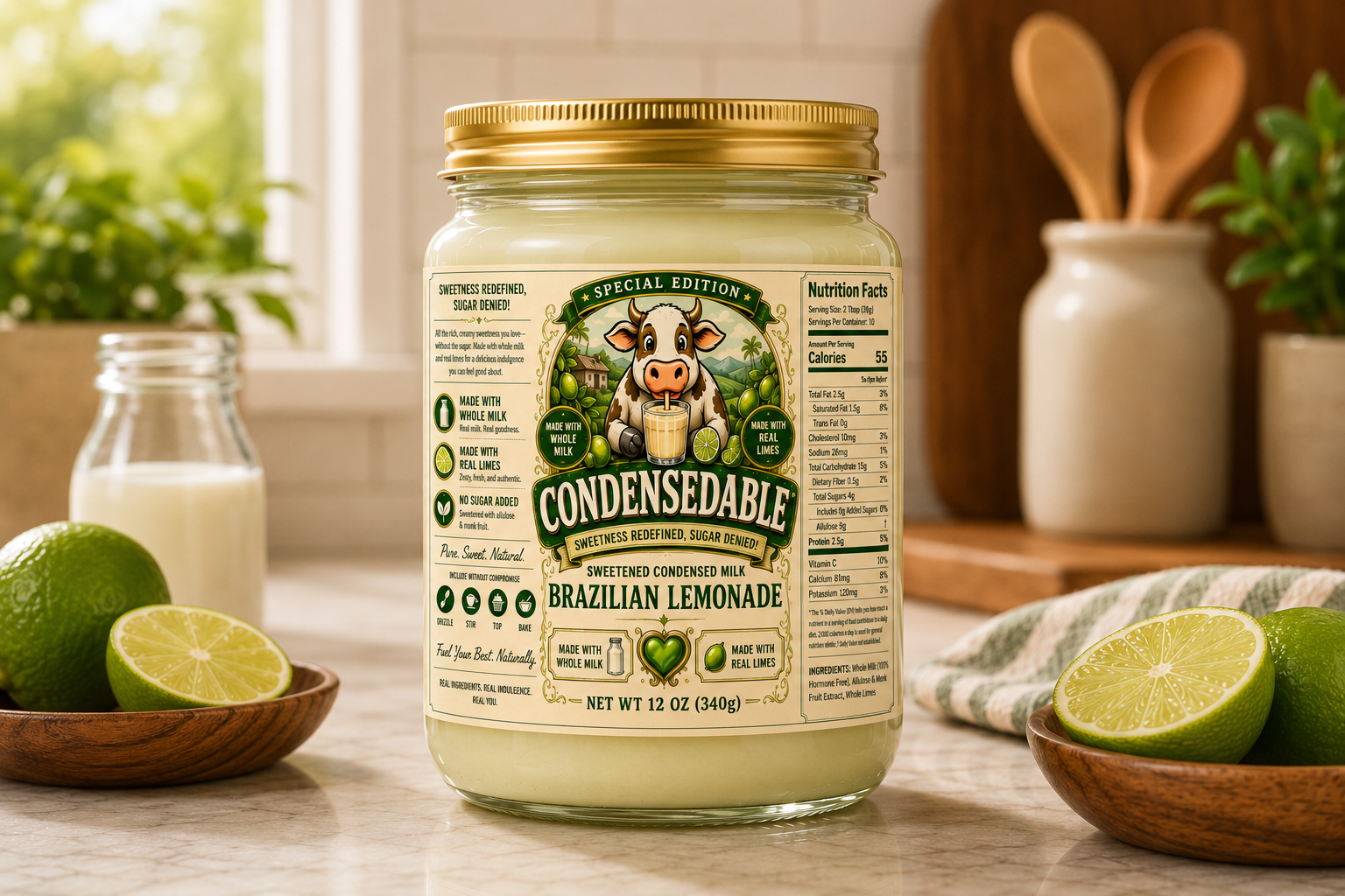Jar of Condensedable Brazilian Lemonade on a kitchen counter with limes and a window in the background.