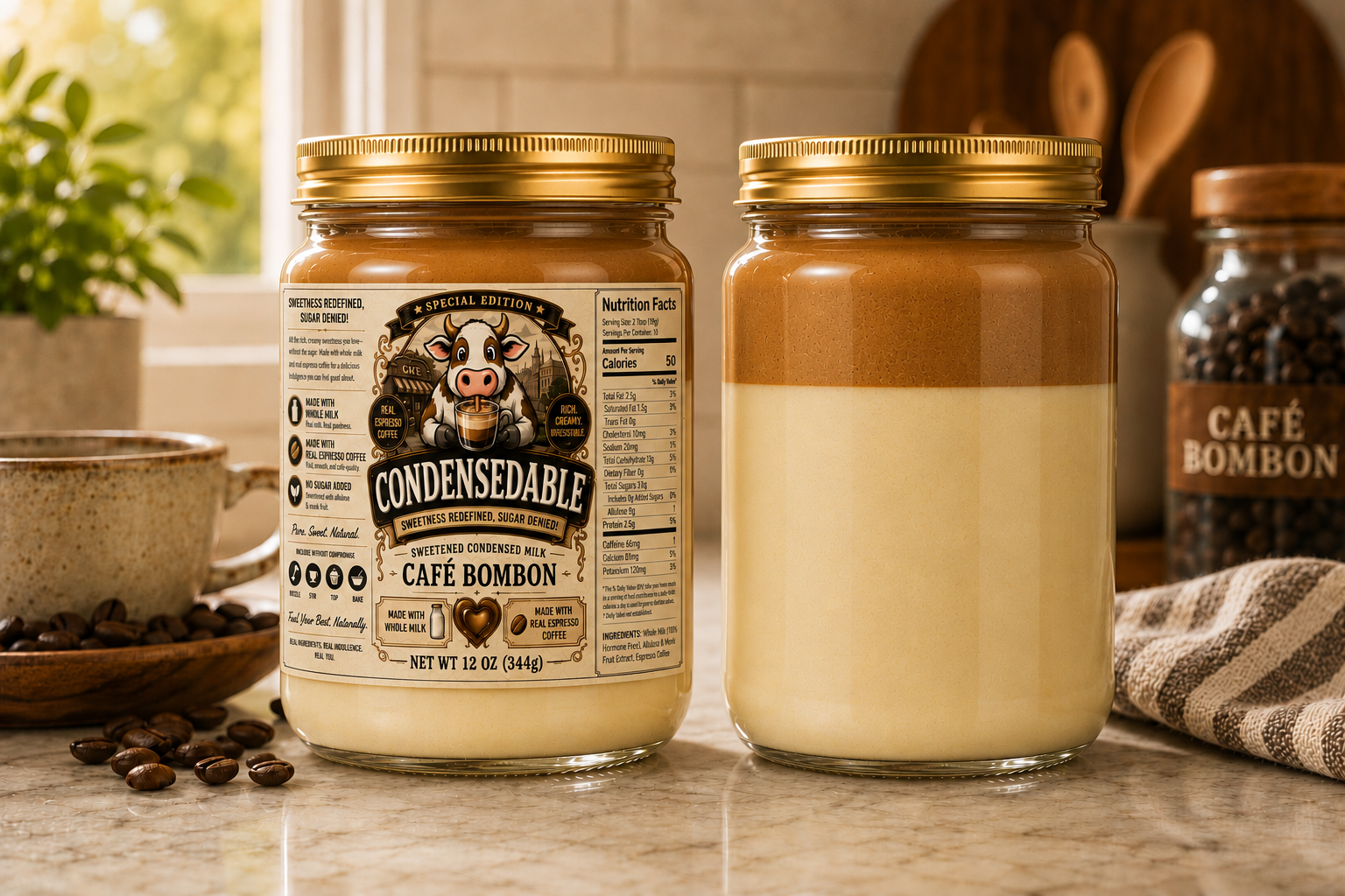 Two jars of Condensable Cafe Bombon on a kitchen counter with coffee beans and a plant in the background.