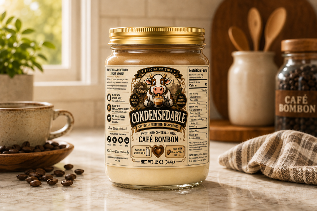 Jar of Condensable Café Bombón on a kitchen counter with coffee beans and a cup.