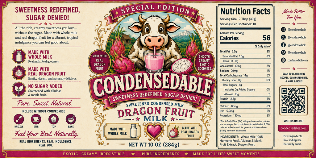 Condensedable Dragon Fruit Milk label with cow illustration, dragon fruit, and nutritional information.