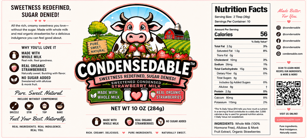 Label for Condensedable sweetened condensed milk with cow illustration and nutritional information.