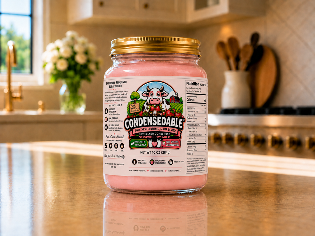 Jar of pink condensed milk on a kitchen counter with a 'Condensable' label.