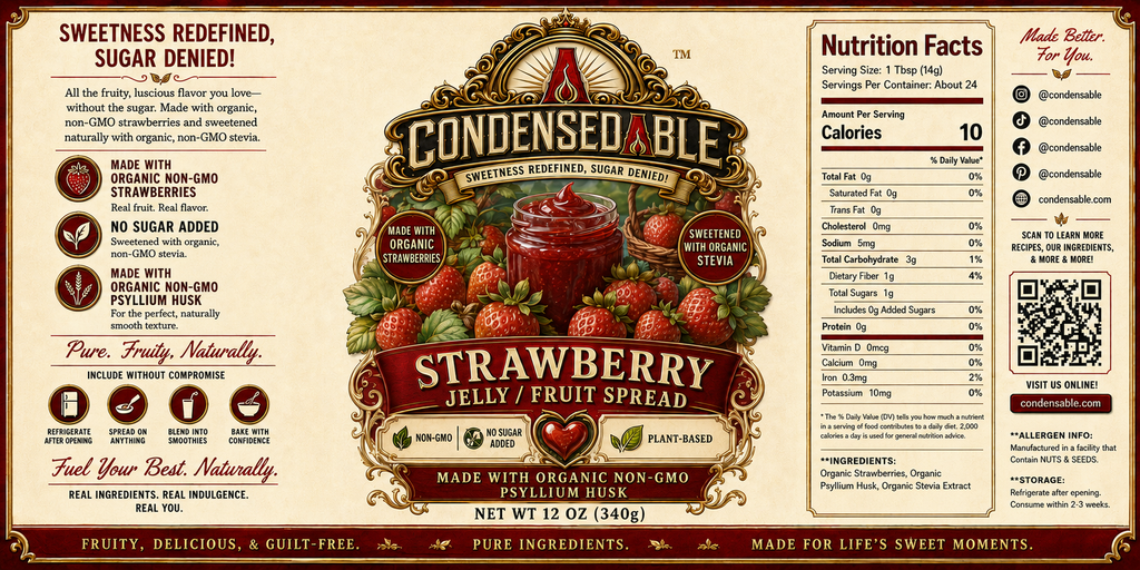 Label of Condensed & Able Strawberry Jelly Jelly Spread with nutritional information and ingredients.