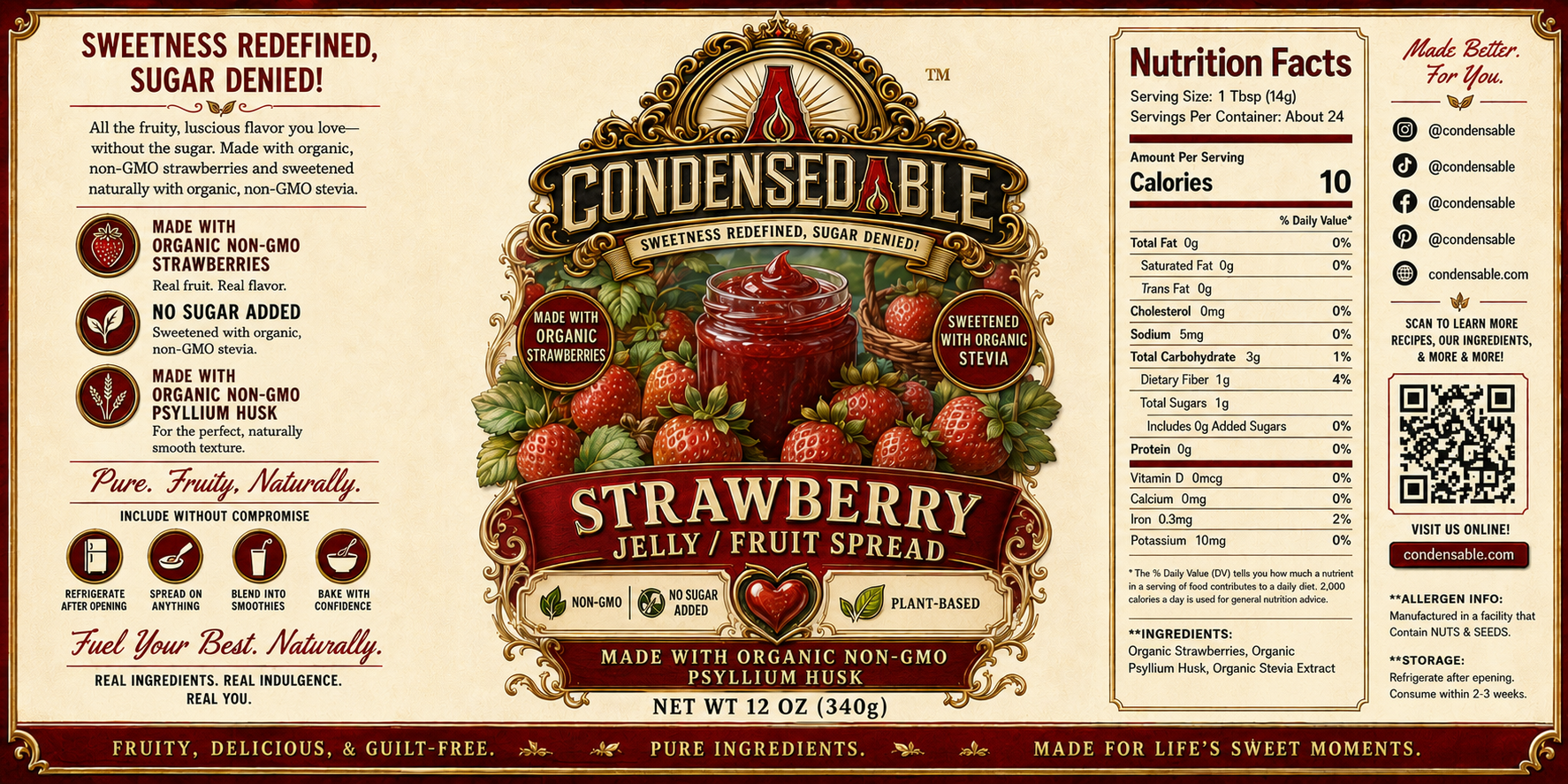 Label of Condensed & Able Strawberry Jelly Jelly Spread with nutritional information and ingredients.