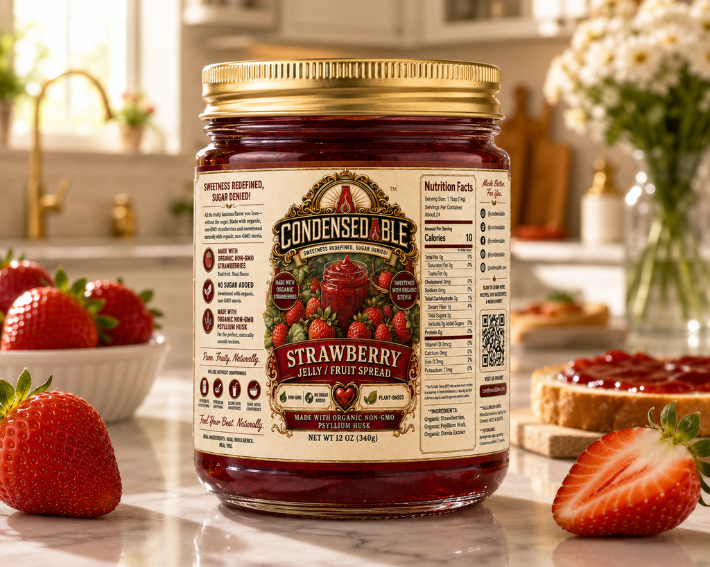 Jar of strawberry jelly fruit spread with a kitchen background