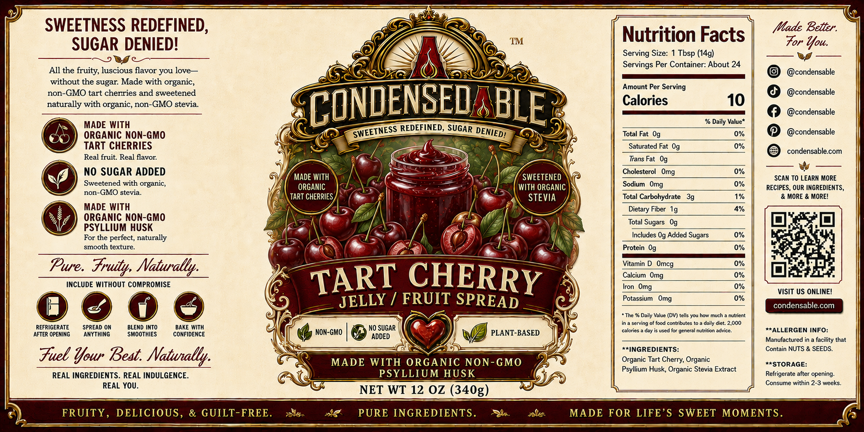 Condensedable™ Tart Cherry Jelly / Fruit Spread | No Sugar Added | Plant-Based | (In Glass Jar)