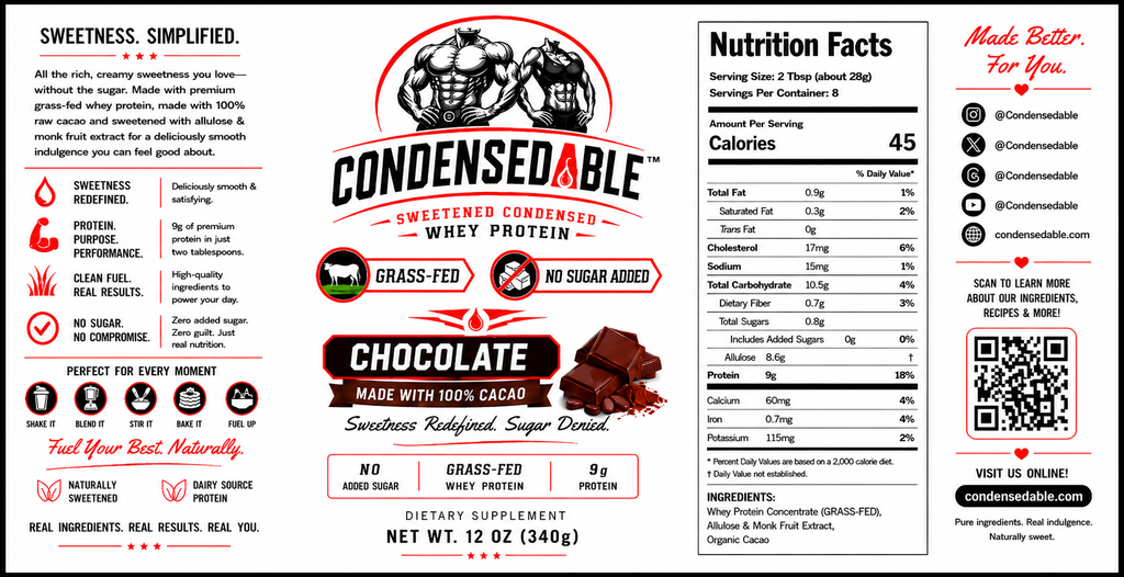 Label of Condensed & Able sweetened condensed whey protein in chocolate flavor with nutritional information and branding details.