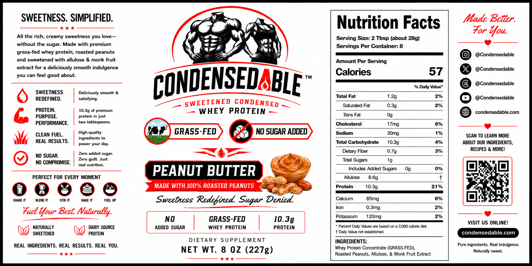 Label of Condensed Able Sweetened Condensed Whey Protein Peanut Butter flavor with nutritional information and branding details.