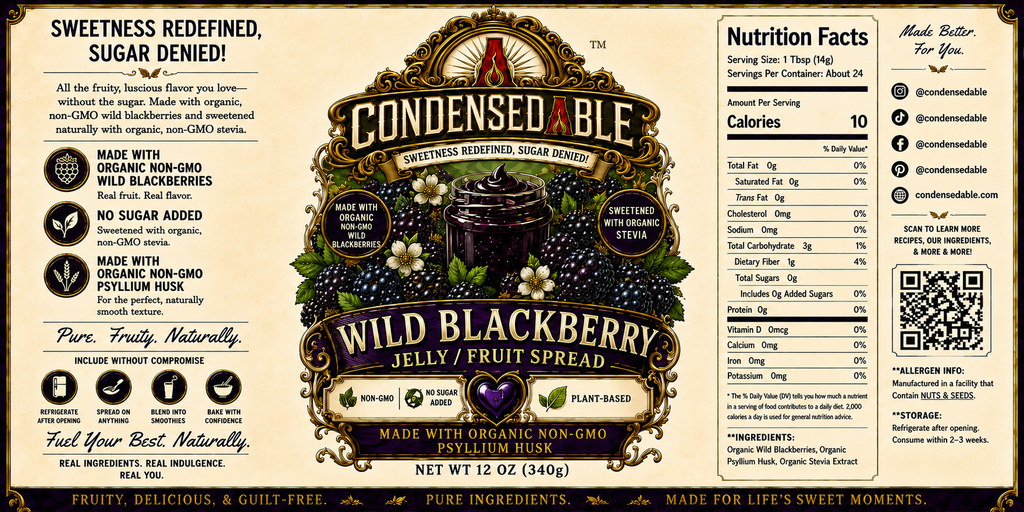 CONDENSEDABLE™ Wild Blackberry Jelly / Fruit Spread | No Sugar Added | Plant-Based | (In Glass Jar)