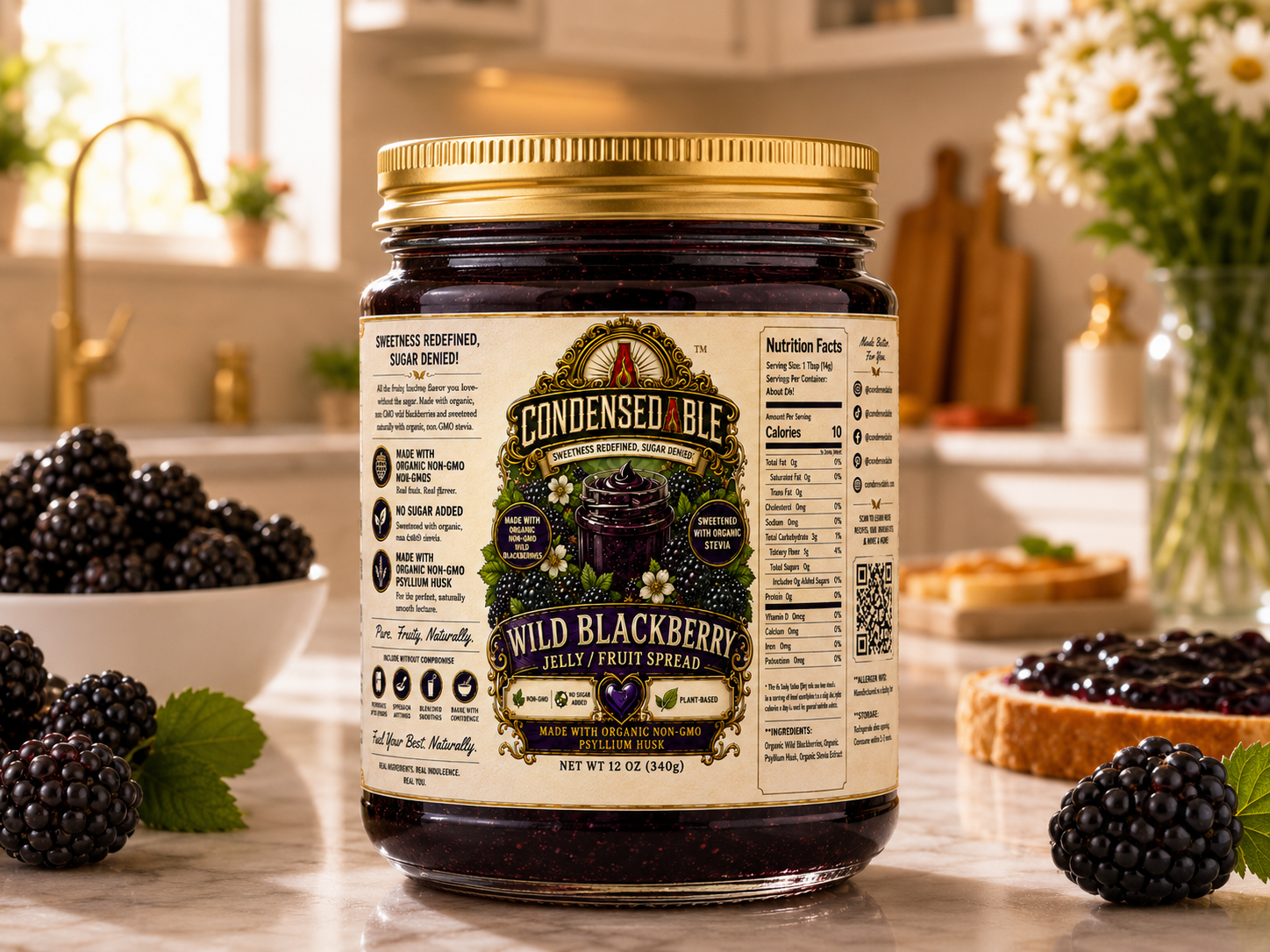 CONDENSEDABLE™ Wild Blackberry Jelly / Fruit Spread | No Sugar Added | Plant-Based | (In Glass Jar)