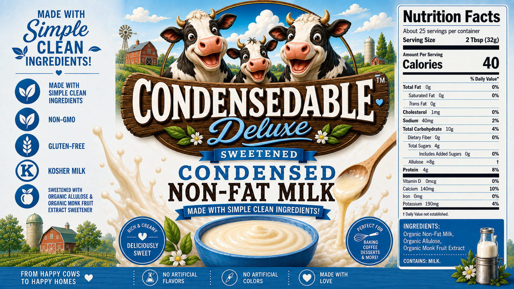 A product label and packaging design for 'Condensedable Deluxe Sweetened Condensed Non-Fat Milk'. The graphic features three cartoon cows, a large wooden spoon filled with milk, a bowl of cream, and a detailed product facts panel on the right.