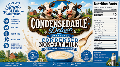 A product label and packaging design for 'Condensedable Deluxe Sweetened Condensed Non-Fat Milk'. The graphic features three cartoon cows, a large wooden spoon filled with milk, a bowl of cream, and a detailed product facts panel on the right.