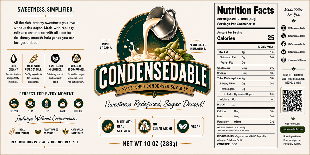 Label of Condensedable sweetened condensed soy milk with nutritional information and branding details.