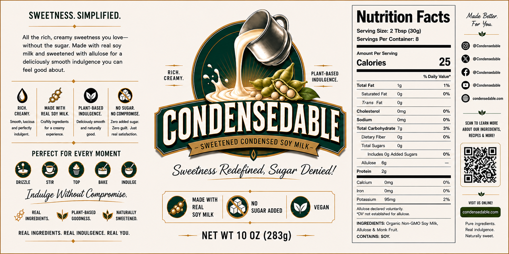 Label of Condensedable sweetened condensed soy milk with nutritional information and branding details.