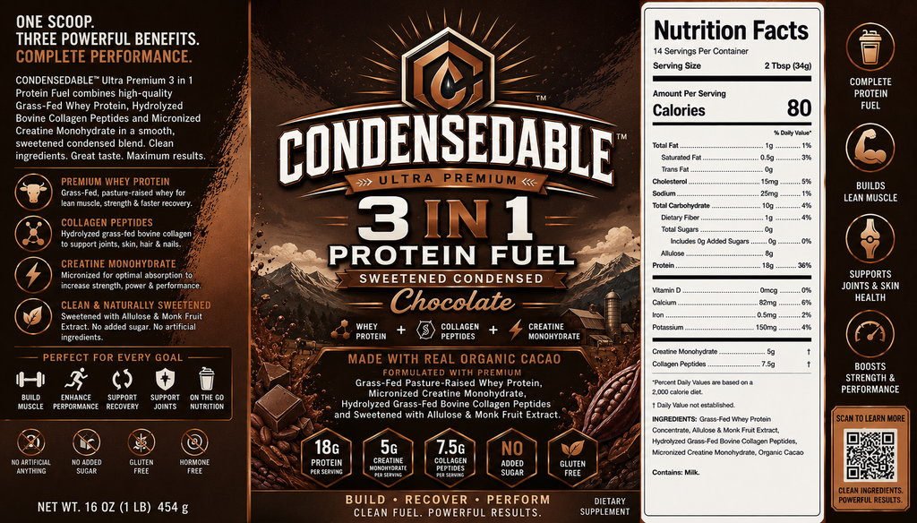 Front and back packaging of Condensedable 3 in 1 Protein Fuel in Chocolate flavor, showing product details, ingredients, nutrition facts, and usage benefits on a dark brown background.