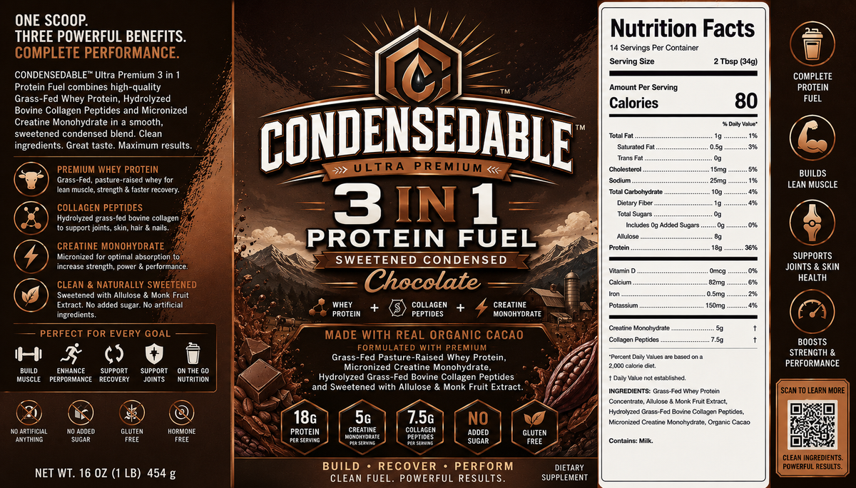 Front and back packaging of Condensedable 3 in 1 Protein Fuel in Chocolate flavor, showing product details, ingredients, nutrition facts, and usage benefits on a dark brown background.