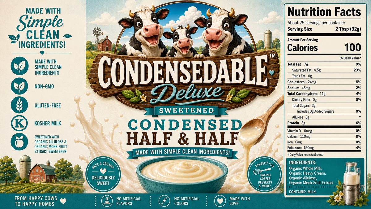 Front packaging of Condensedable Deluxe Sweetened Condensed Half & Half milk. The box features cartoon cows, a bowl of creamy milk, and a large Nutrition Facts panel on the right side.