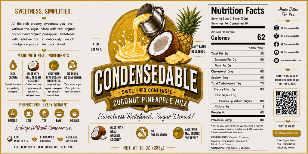 Label of Condensedable Sweetened Condensed Coconut Pineapple Milk with nutritional information and branding details.
