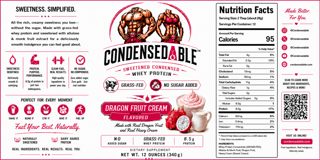 Condensedable™ Sweetened Condensed Whey Protein – Dragon Fruit Cream Flavor 12oz. (In Glass Jar)