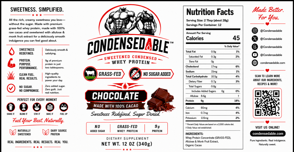 Front and back views of a Condensedable Chocolate Sweetened Condensed Whey Protein bag, showing the product branding, ingredients, nutrition facts, and usage information on a white background.
