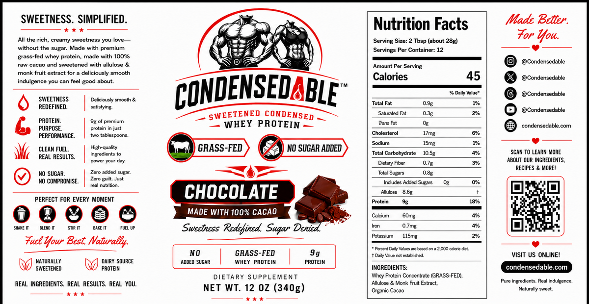 Front and back views of a Condensedable Chocolate Sweetened Condensed Whey Protein bag, showing the product branding, ingredients, nutrition facts, and usage information on a white background.