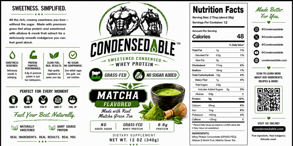 Condensedable™ Sweetened Condensed Whey Protein – Matcha Flavor 12oz. (In Glass Jar)