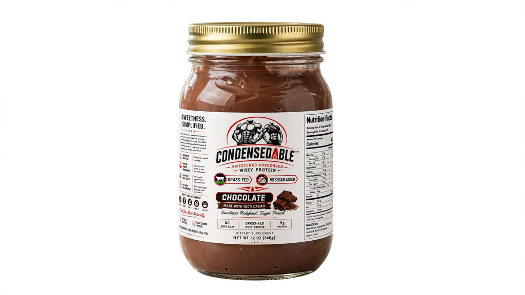 A glass jar of Condensedable Chocolate Whey Protein powder with a gold metal lid and a white label, shown against a plain white background.