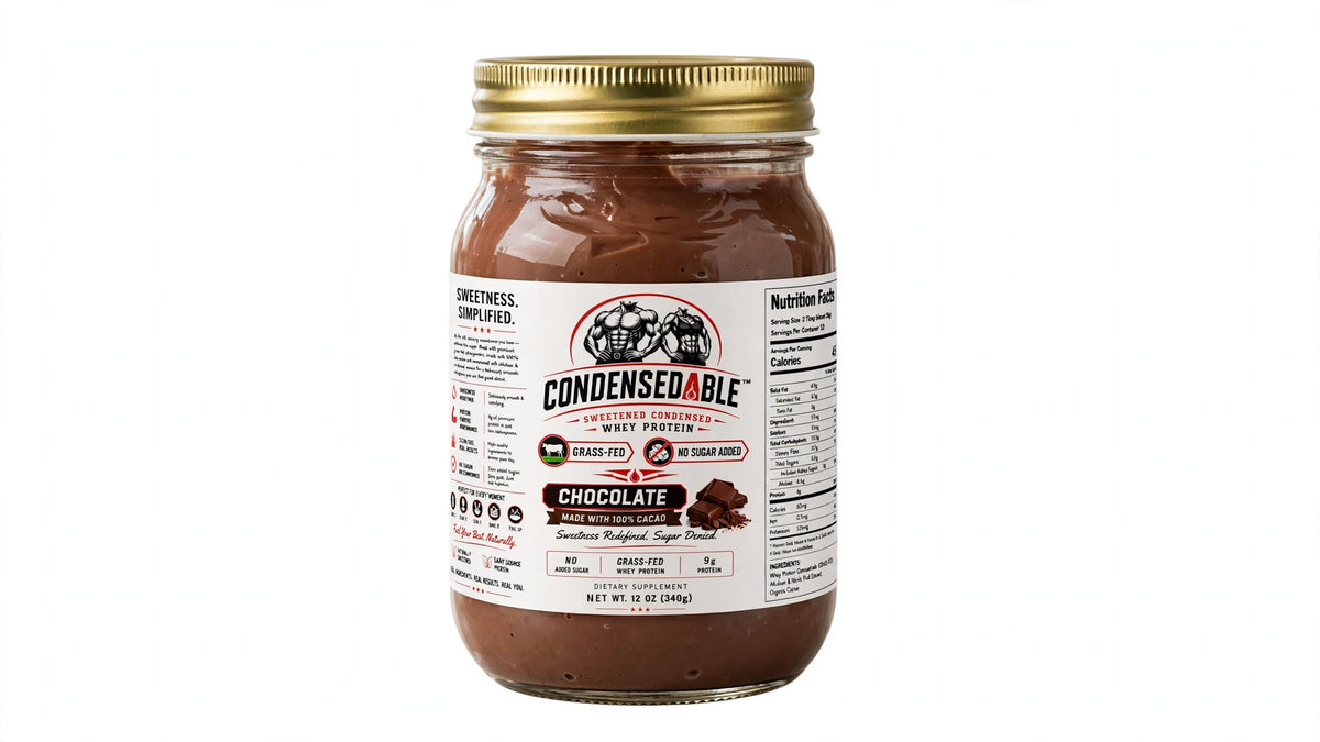 A glass jar of Condensedable Chocolate Whey Protein powder with a gold metal lid and a white label, shown against a plain white background.