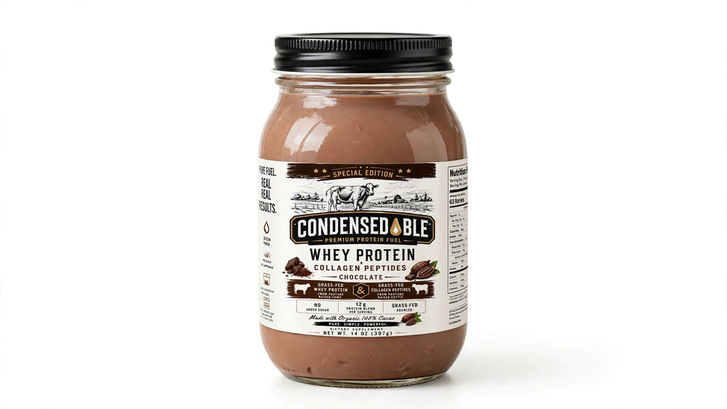 CONDENSEDABLE™ Premium Protein Fuel Chocolate Whey Protein + Collagen Peptides – Special Edition 14oz. (In Glass Jar)